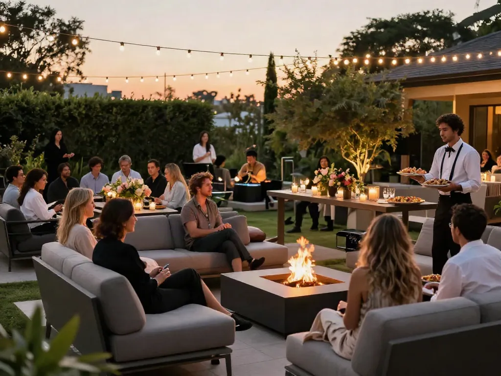 Event furniture rental showcased at an elegant outdoor gathering with stylish lounge furniture and decorations