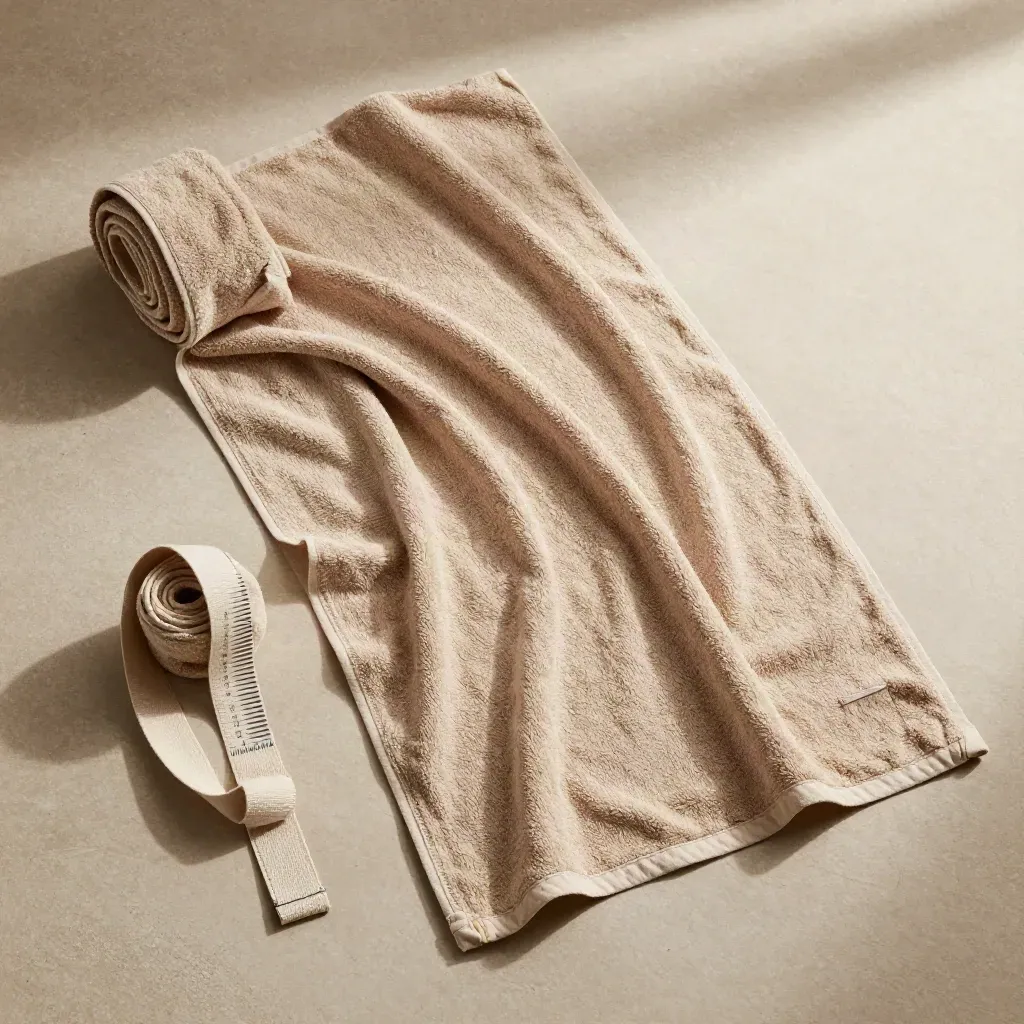 Overhead cabana towel flatlay with rolled edge, shell comb, strap, and cloth tag on pale stone.