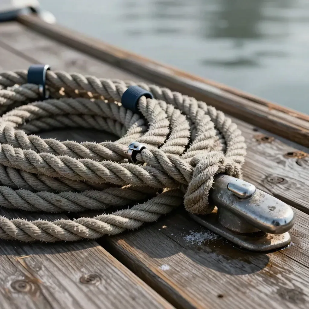 Coiled dock line rope pack beside a salt-worn cleat on weathered dock planks