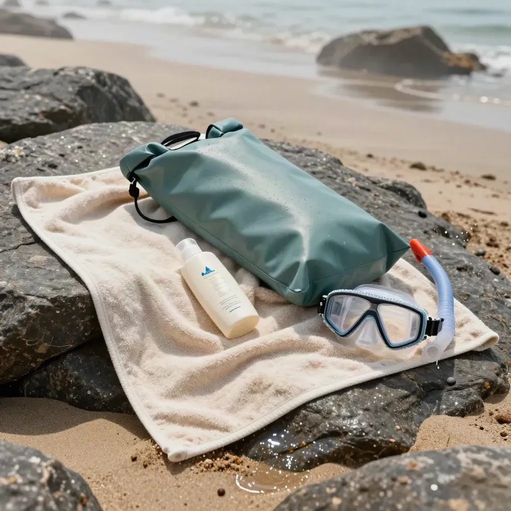 Beach bundle on wet sandstone with towel, sunscreen, dry bag and snorkel mask in dramatic spray.