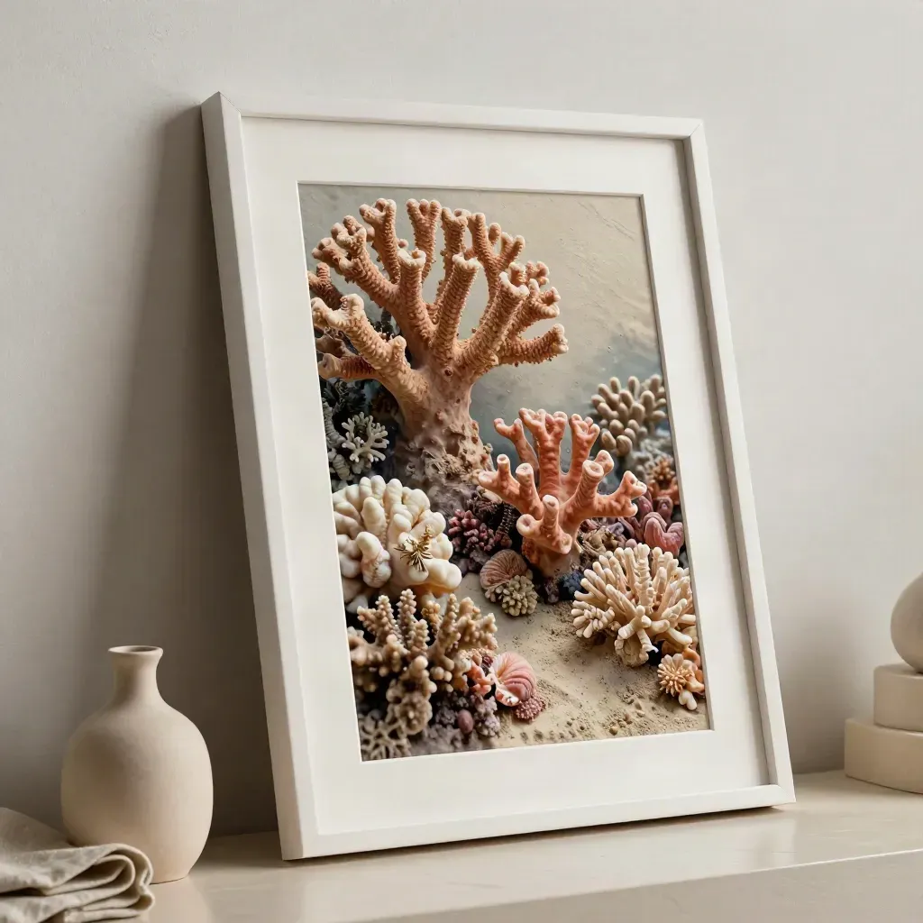 Framed coral reef wall art leaning by a shell vase and linen on plaster.