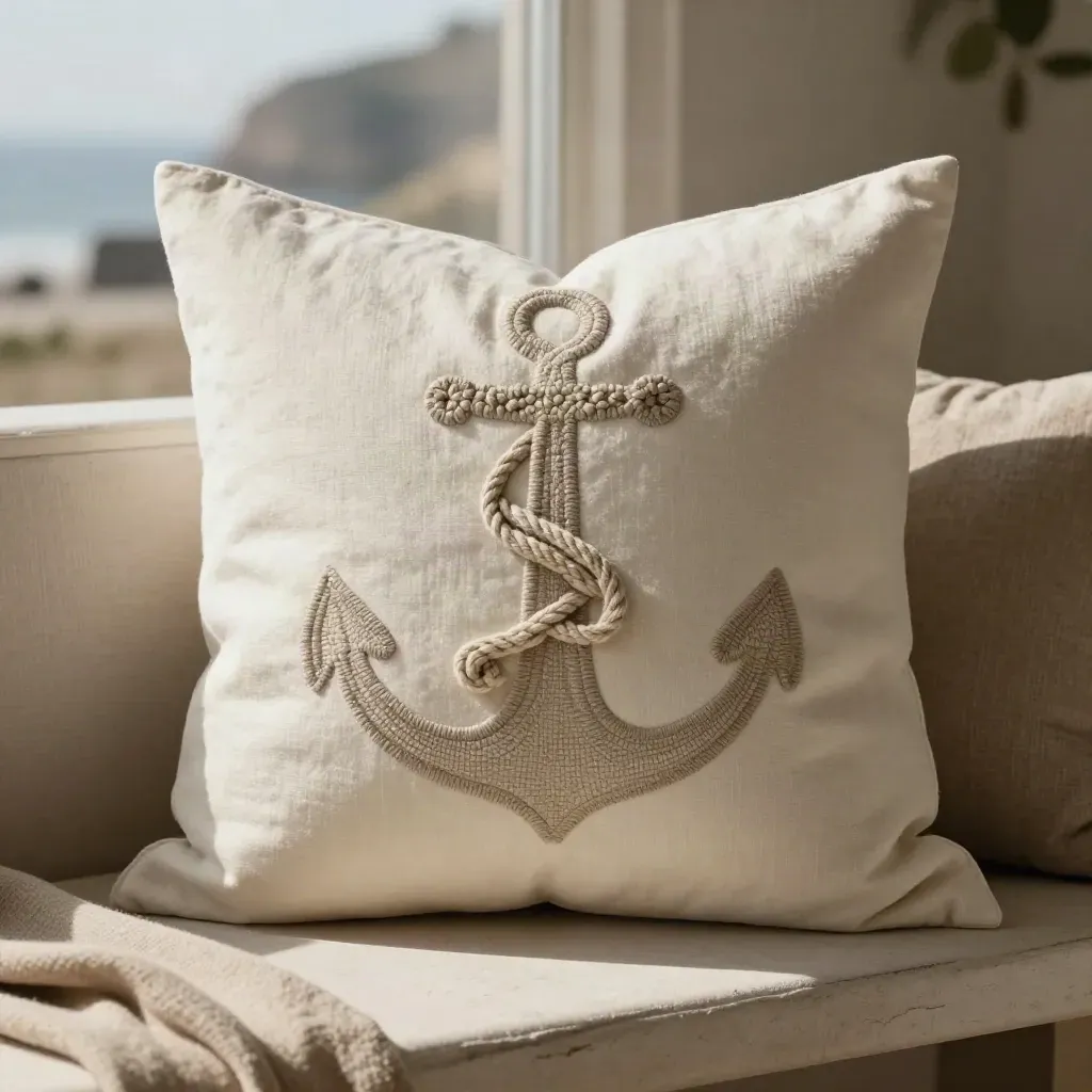 Anchor throw pillow with rope knot and linen drape on a sand-toned bench