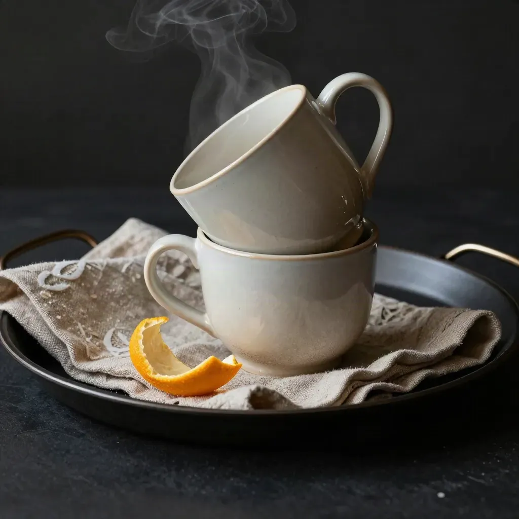 Overhead hero of two glazed ceramic mugs on a linen-lined tray with citrus peel and steam.