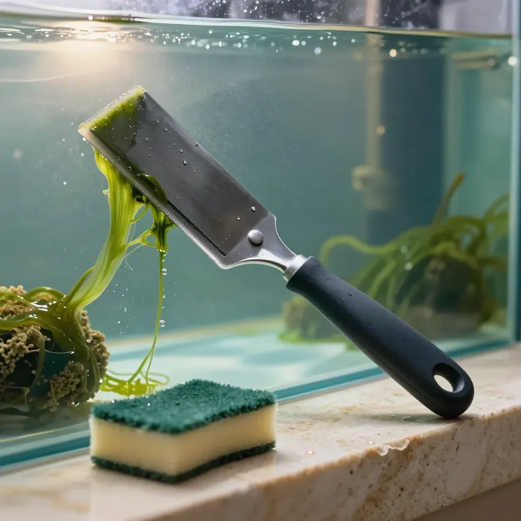 Aquarium algae scraper sweeping a ribbon of algae beside a wet sponge and reef stone in a humid tank setup.